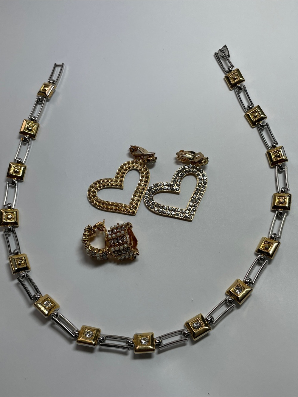 Gold Clip On Earrings and Two-Tone Necklace Set